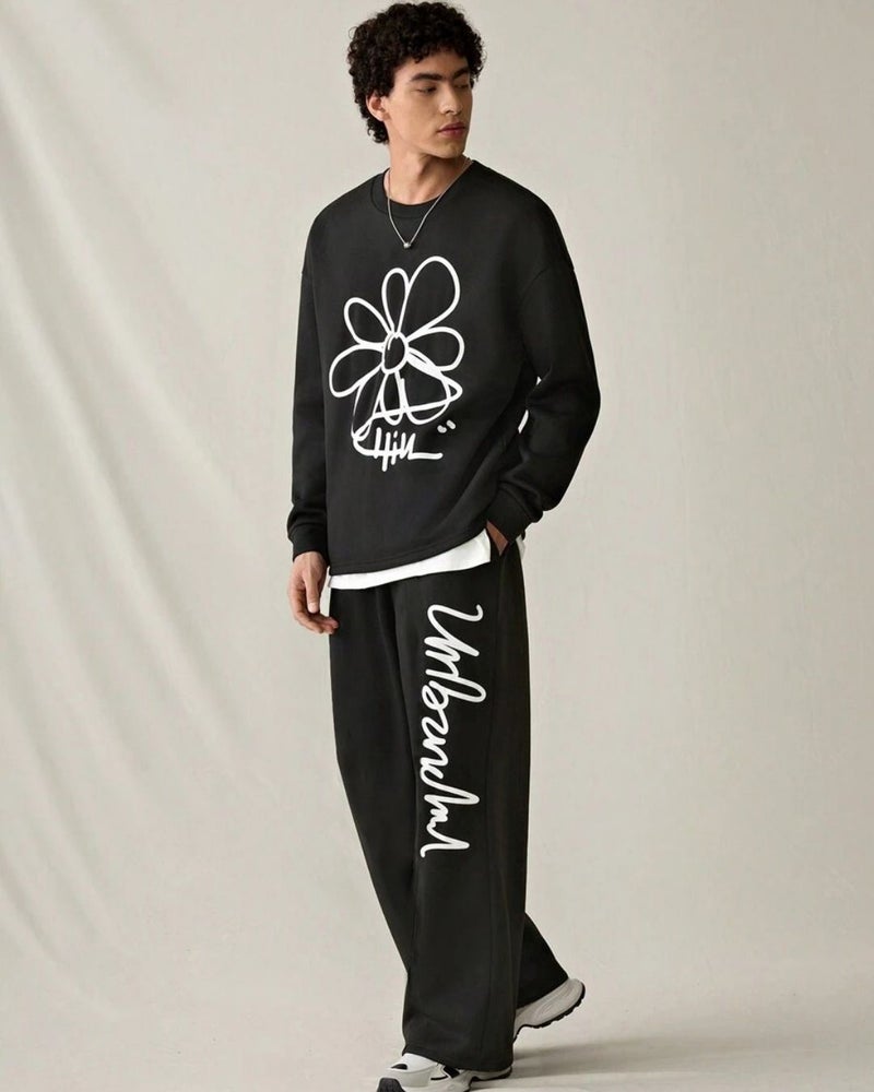 فلاينوف بنطلون رياضي أسود مطبوع بقصة فضفاضة - Image 1